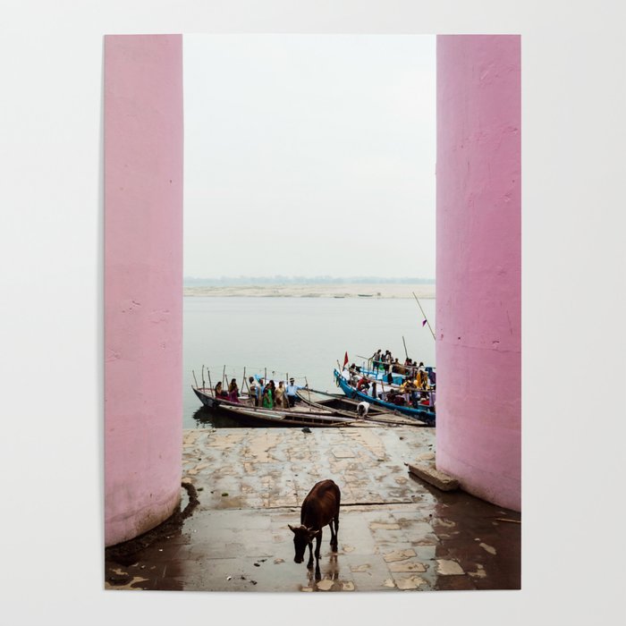 The Ganges river in India, Varanasi, Travel Photography pink Poster