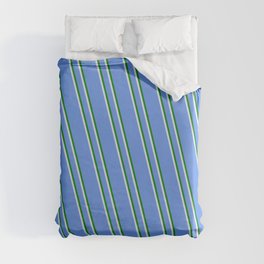 [ Thumbnail: Cornflower Blue, Green & Lavender Colored Lined Pattern Duvet Cover ]