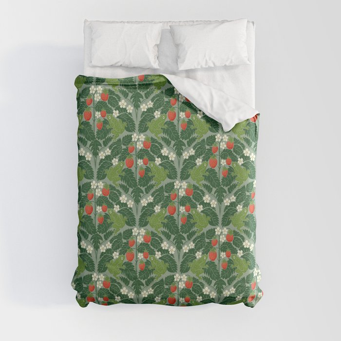 Frogs And Wild Strawberries On Pale Green Duvet Cover