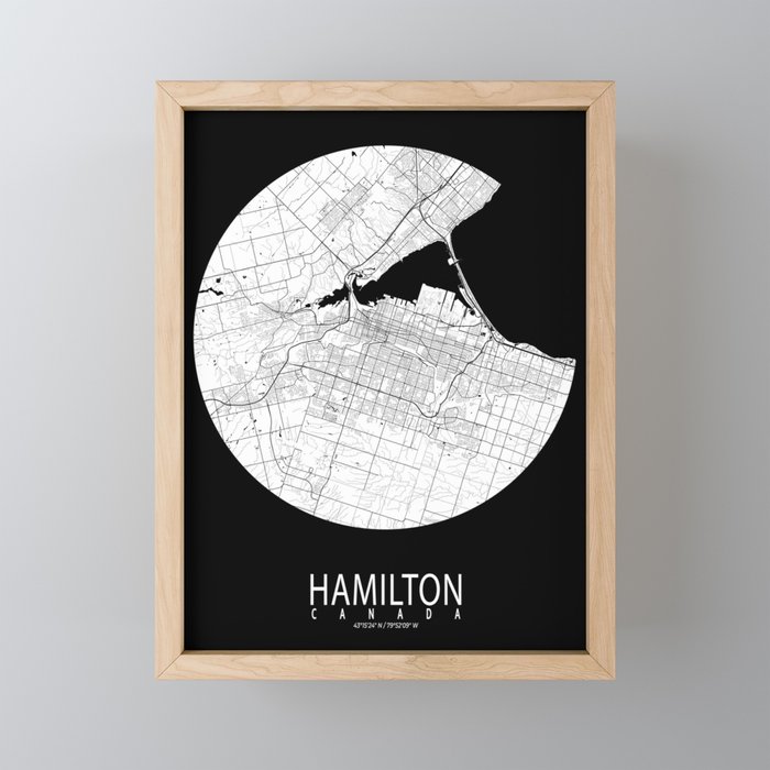Hamilton City Map of Ontario, Canada - Full Moon Framed Mini Art Print