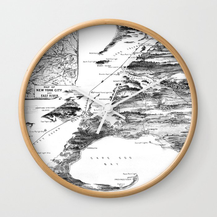 Vintage Cape Cod and NYC Steamboat Route Map BW Wall Clock