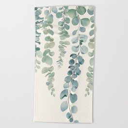 Watercolor Eucalyptus Leaves Beach Towel