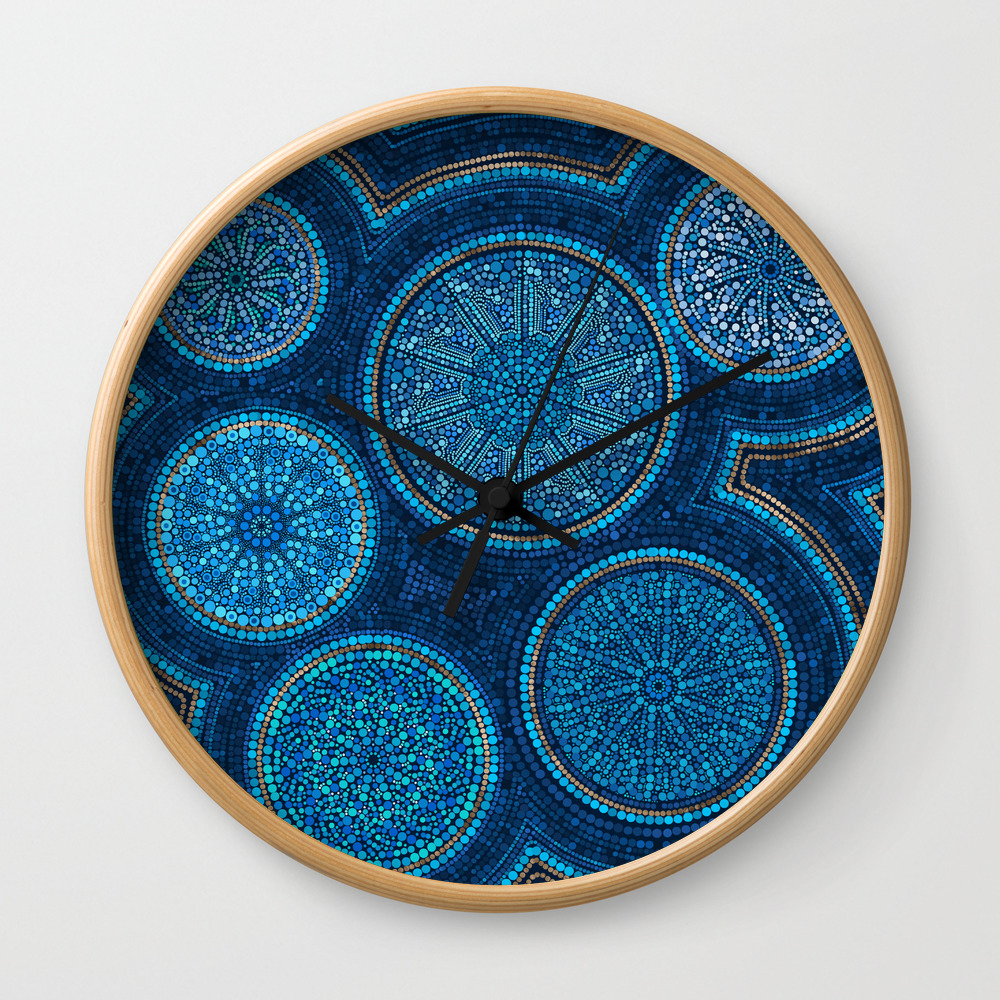 Dot Art Circles Abstract Blue With Gold Accent Wall Clock By