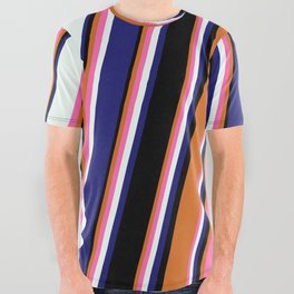 [ Thumbnail: Chocolate, Hot Pink, Mint Cream, Midnight Blue & Black Colored Lines/Stripes Pattern All Over Graphic Tee ]