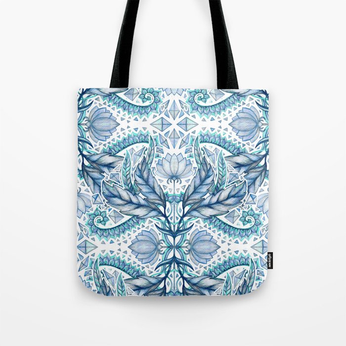 Lily, Leaf & Triangle Pattern – blues Tote Bag