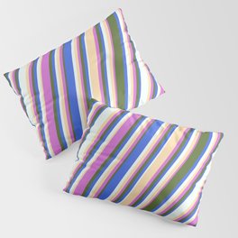 [ Thumbnail: Orchid, Dark Olive Green, Royal Blue, Mint Cream, and Tan Colored Stripes Pattern Pillow Sham ]