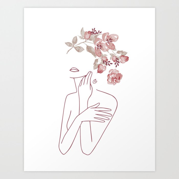 Minimal Line Art Woman With Watercolor Flowers Art Print
