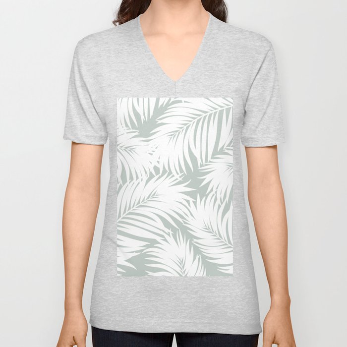Palm Tree Fronds White on Rainwashed Maui Hawaii Tropical Graphic Design V Neck T Shirt
