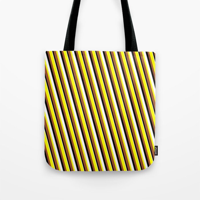 Yellow, Sienna, Black, and White Colored Lined/Striped Pattern Tote Bag