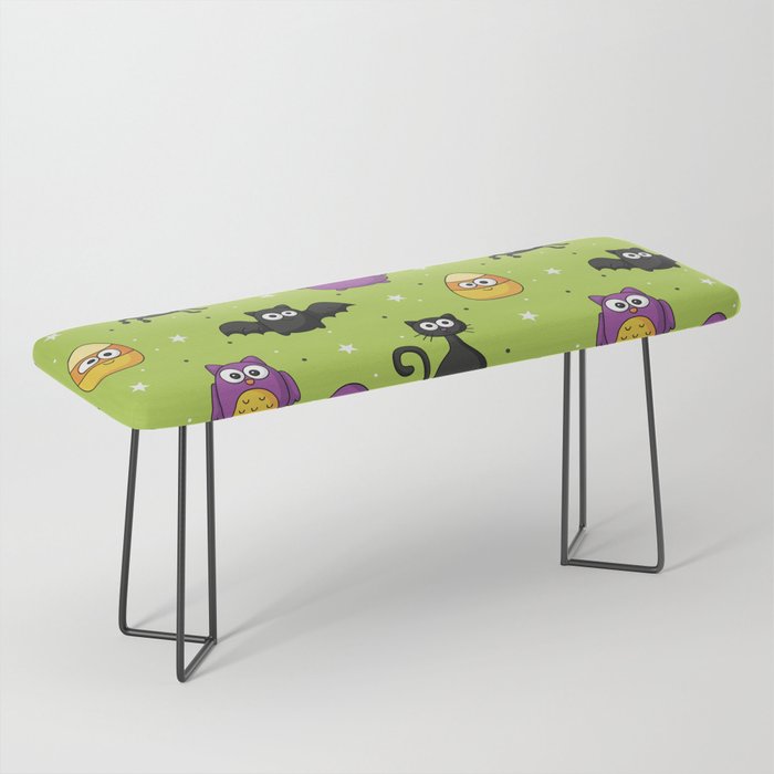 Halloween Seamless Pattern with Funny Spooky on Green Background Bench