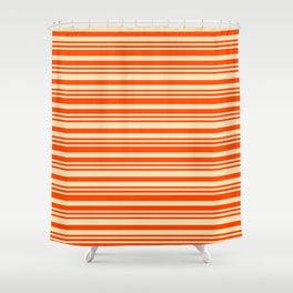 [ Thumbnail: Red and Beige Colored Lined Pattern Shower Curtain ]
