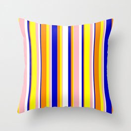 [ Thumbnail: Eye-catching Dark Orange, Blue, White, Light Pink, and Yellow Colored Stripes Pattern Throw Pillow ]