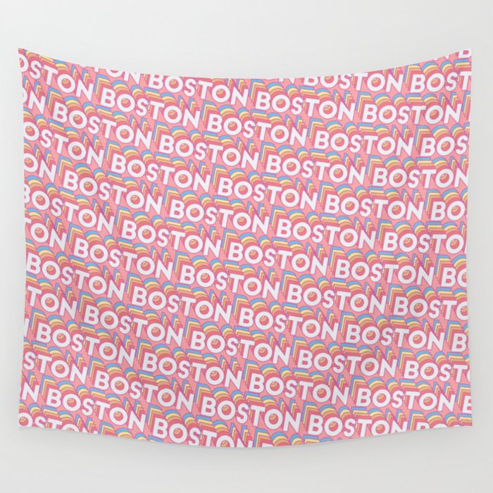Boston, Massachusetts Trendy Rainbow Text Pattern (Pink) Wall Tapestry