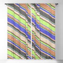 [ Thumbnail: Colorful Light Green, Blue, Tan, Chocolate & Black Colored Lines/Stripes Pattern Sheer Curtain ]