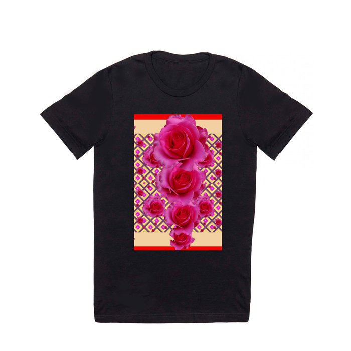 Red & Cream Fuchsia Roses Pattern T Shirt