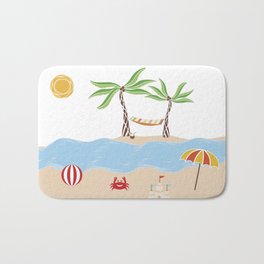 Summer Beach Fun Bath Mat | Island, Fun, Hammock, Crab, Illustration, Sand, Palmtree, Sandcastle, Beach, Exotic 