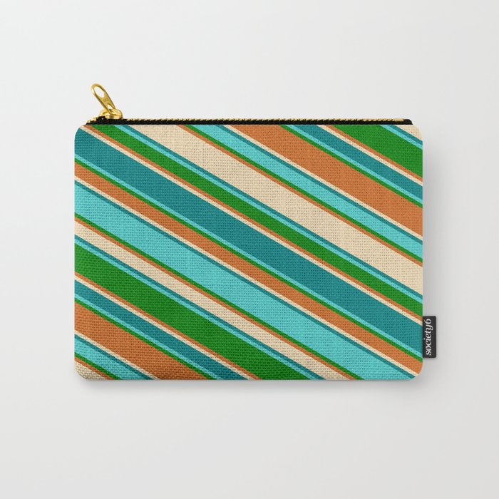 Colorful Tan, Teal, Turquoise, Green, and Chocolate Colored Lines Pattern Carry-All Pouch