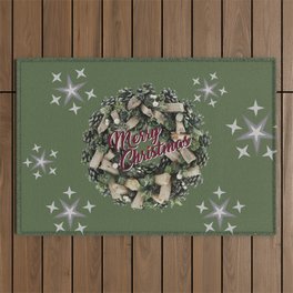Merry Christmas Typography wit wreath green Outdoor Rug