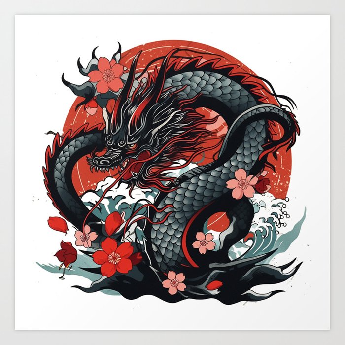 Tattoo Style Dragon In Front Of Rising Sun Art Print