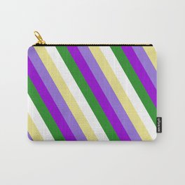 [ Thumbnail: Colorful Tan, Purple, Dark Violet, Forest Green, and White Colored Stripes/Lines Pattern Carry-All Pouch ]