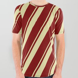 [ Thumbnail: Maroon & Pale Goldenrod Colored Lines Pattern All Over Graphic Tee ]