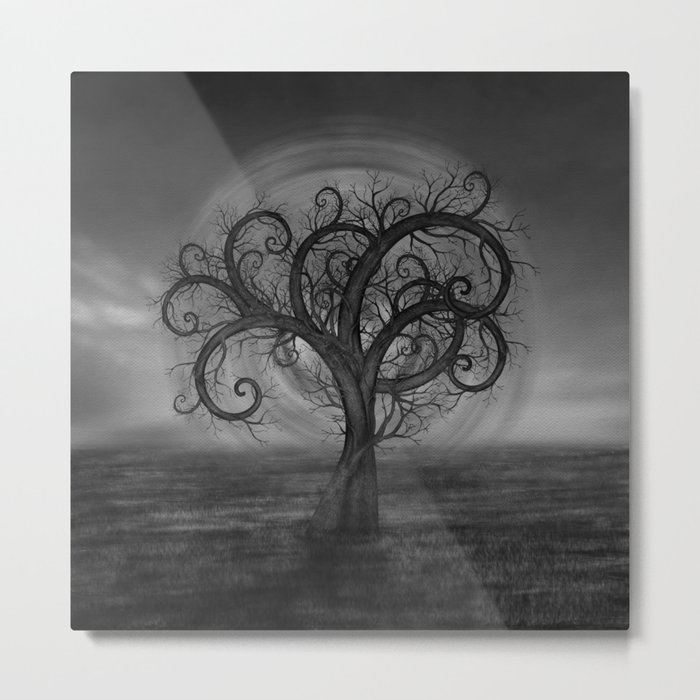 Golden Spiral Tree Black and White Metal Print