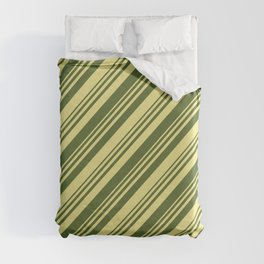 [ Thumbnail: Dark Olive Green & Tan Colored Lined/Striped Pattern Duvet Cover ]