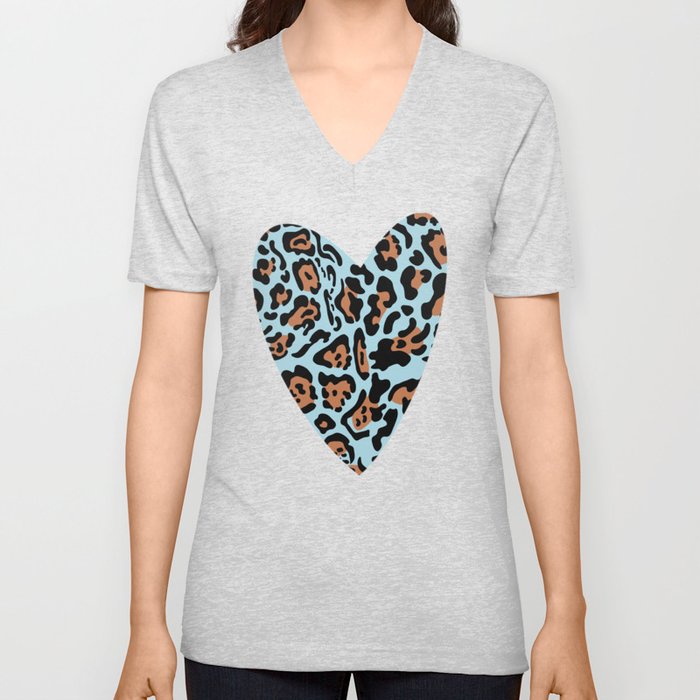 Leopard heart blue V Neck T Shirt
