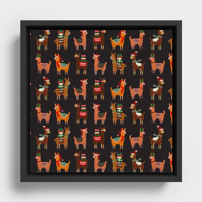 Christmas Llamas pattern - black Framed Canvas