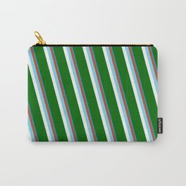 [ Thumbnail: Eyecatching Blue, Sienna, Sky Blue, Mint Cream & Dark Green Colored Stripes/Lines Pattern Carry-All Pouch ]