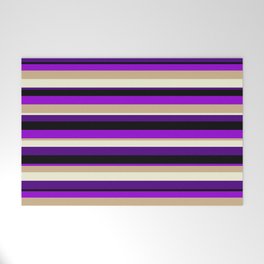 [ Thumbnail: Colorful Black, Dark Violet, Tan, Beige, and Indigo Colored Lined/Striped Pattern Welcome Mat ]