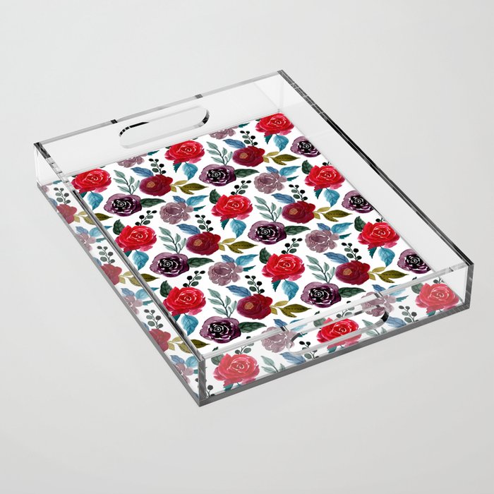 Red and burgundy watercolor flowers Acrylic Tray