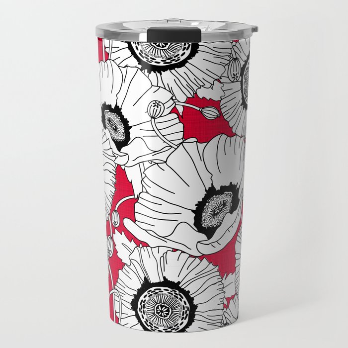 Black and White Poppies in a Red Vase Travel Mug