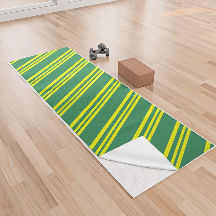 Yellow and Sea Green Colored Stripes Pattern Yoga Towel