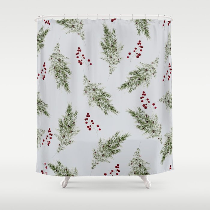 Evergreen & Berries in Winter Grey Shower Curtain