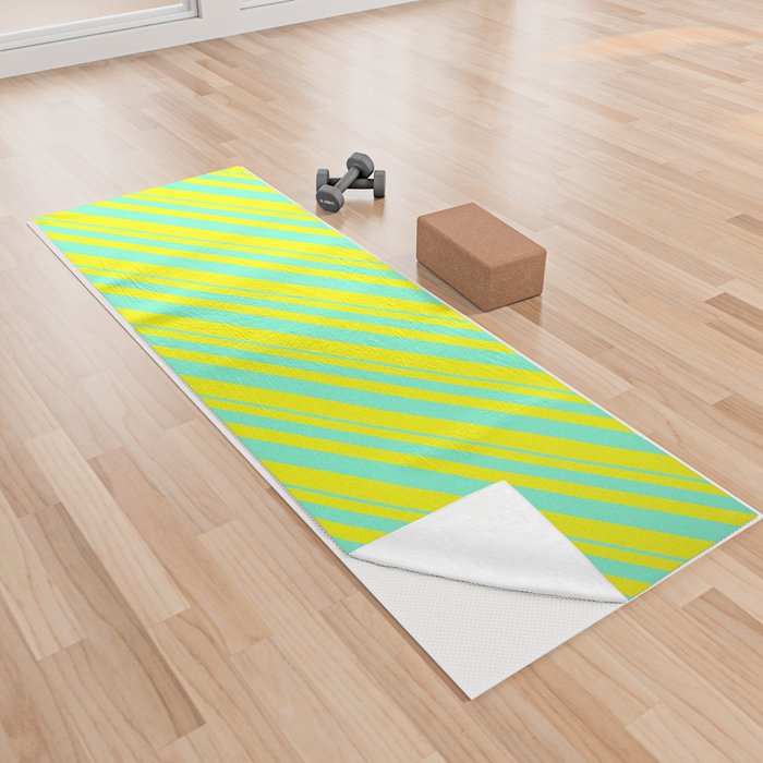 Aquamarine and Yellow Colored Lined/Striped Pattern Yoga Towel