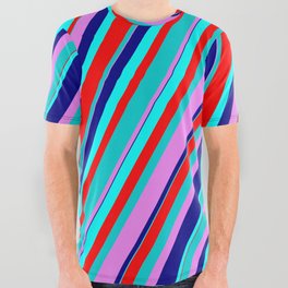 [ Thumbnail: Colorful Aqua, Red, Dark Turquoise, Violet, and Blue Colored Lined Pattern All Over Graphic Tee ]