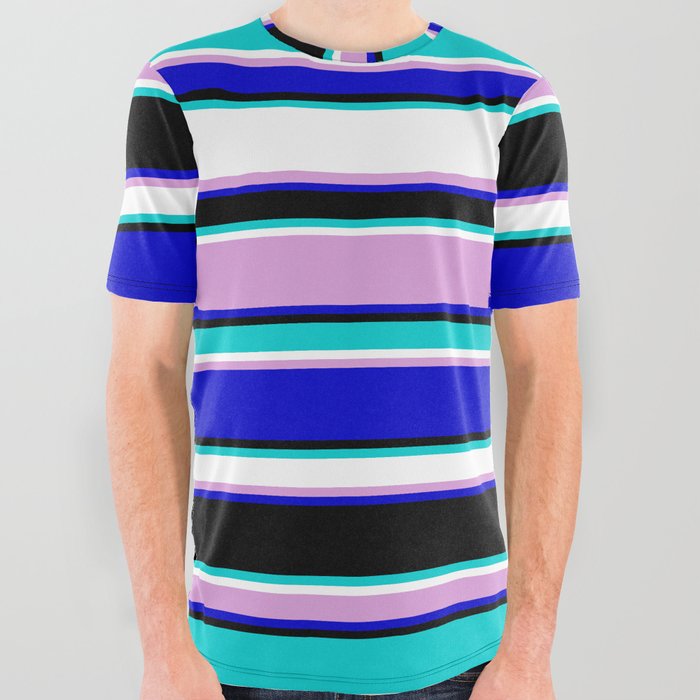 Eye-catching Dark Turquoise, White, Plum, Blue & Black Colored Lined/Striped Pattern All Over Graphic Tee