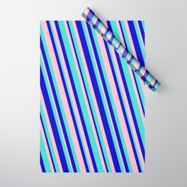 [ Thumbnail: Turquoise, Blue, and Pink Colored Lined/Striped Pattern Wrapping Paper ]