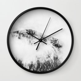 Foggy Ascent // Black and White Snowy Mountain Top Looking at the Trails through the Fog Wall Clock