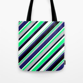 [ Thumbnail: Green, Grey, Midnight Blue, Black & White Colored Stripes Pattern Tote Bag ]