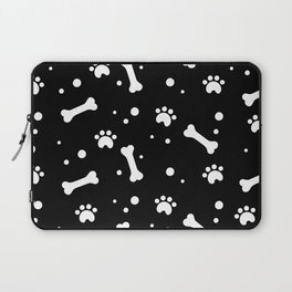 White dog paw and bones pattern on black background Laptop Sleeve