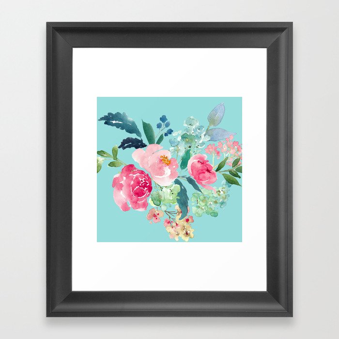 Aqua Blue and Pink Floral Watercolor Framed Art Print