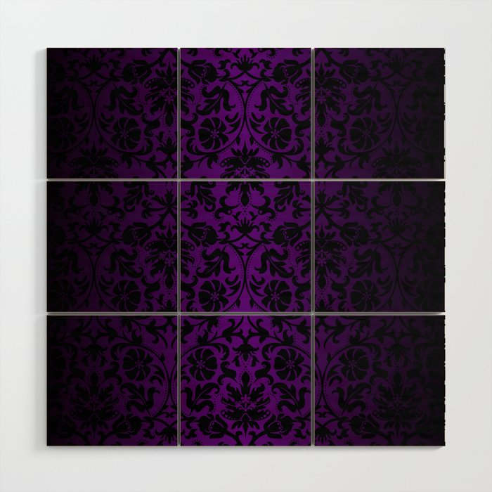 Purple and Black Damask Pattern Design Wood Wall Art