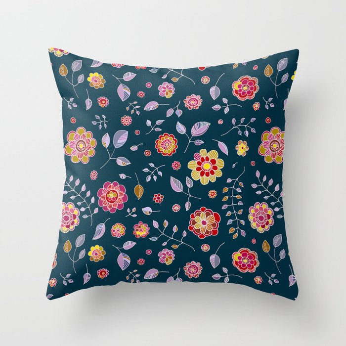 Teal and Brights Flower Pattern Design Throw Pillow