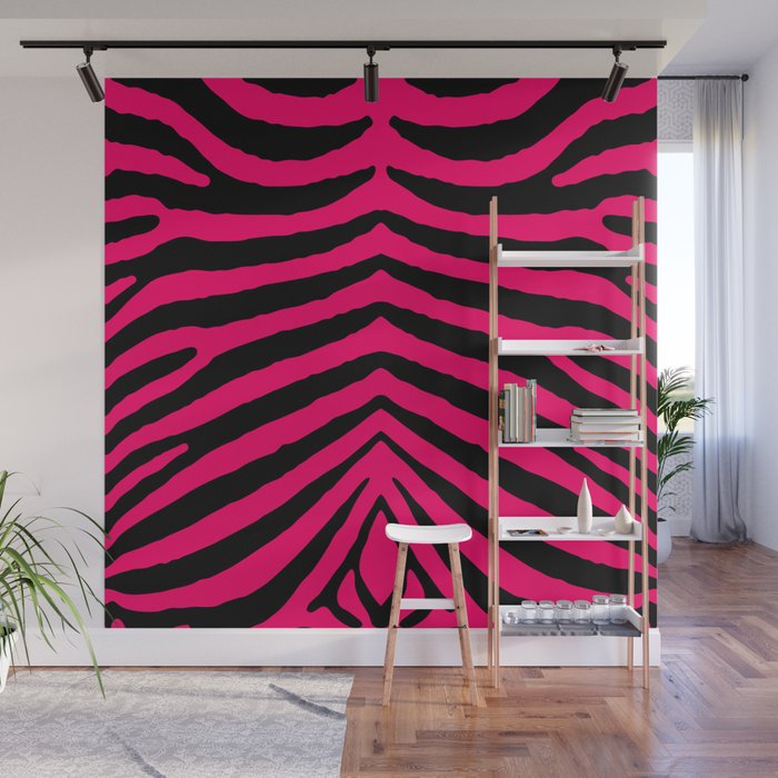 Black and Hot Neon Pink Zebra Animal Safari Stripes Wall Mural