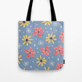 yellow and red flowers on blue Tote Bag