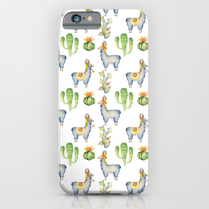Hand painted blush blue green watercolor lamas floral cactus iPhone Case
