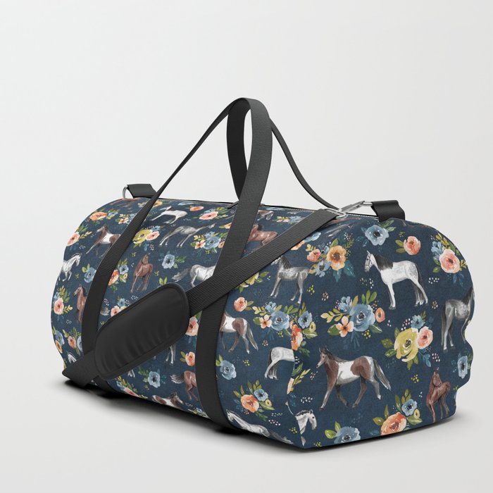 Wild Horses, Horse and Floral Print, Navy Blue, Watercolor Painting, Illustrated Horses, Flowers,  Duffle Bag