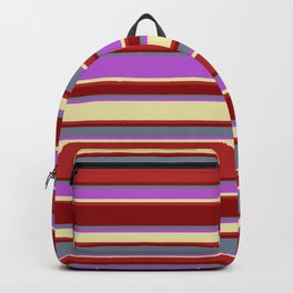 [ Thumbnail: Eyecatching Slate Gray, Orchid, Pale Goldenrod, Red, and Dark Red Colored Lines/Stripes Pattern Backpack ]